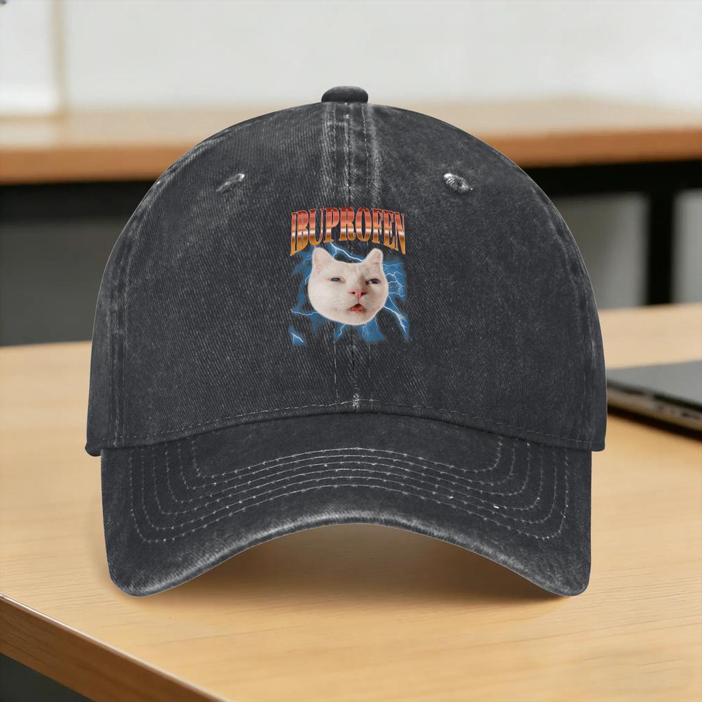Washed Baseball Cap Funny Ugly Cat Face Ibuprofen Cat Meme Humor Spring Trucker Hat For Unisex Adult Yk Cool Rock Sun Snapback Cap
