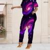 Women Plus Size Two Piece Set Short Sleeve Top Pocket Pants Galaxy Swirl Print Outfit