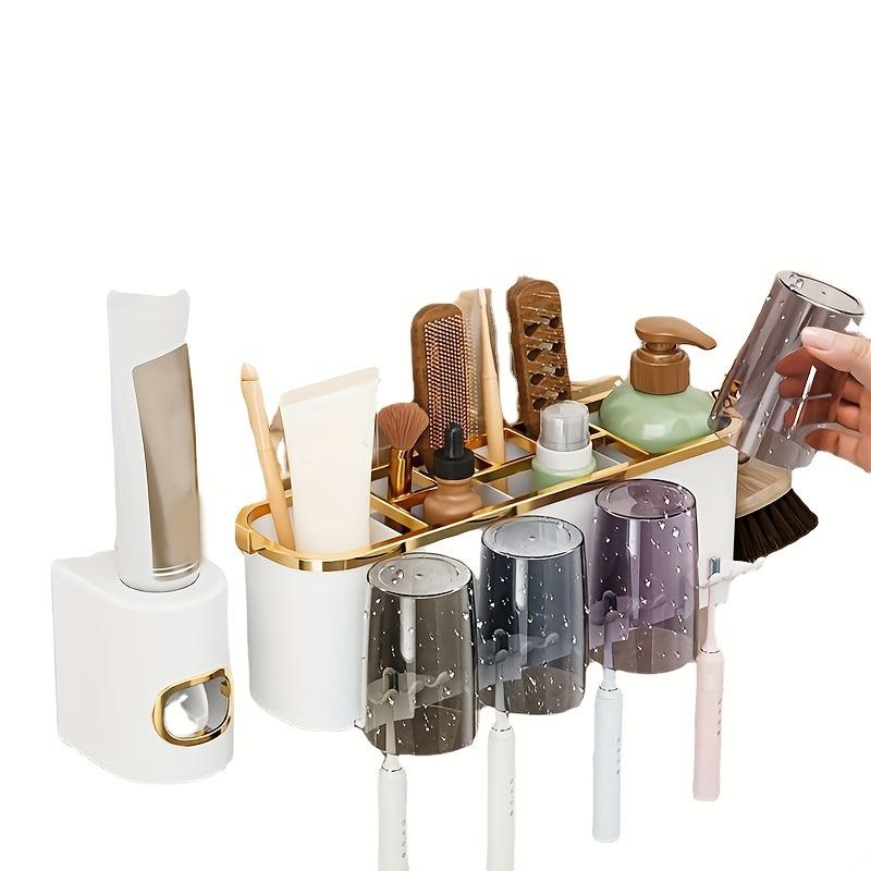 Wall-Mounted Toothbrush & Cup Holder Set With Toothpaste Dispenser Multifunctional Bathroom Organizer For Mouthwash & Toothpaste Storage, Easy Install