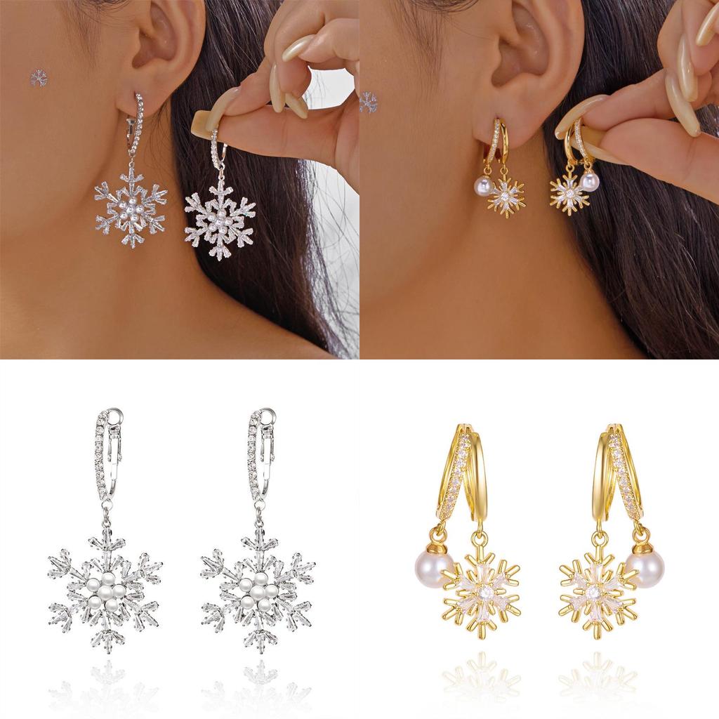 Christmas Snowflake Earrings With Zirconia And Pearl For Women Holiday Accessory