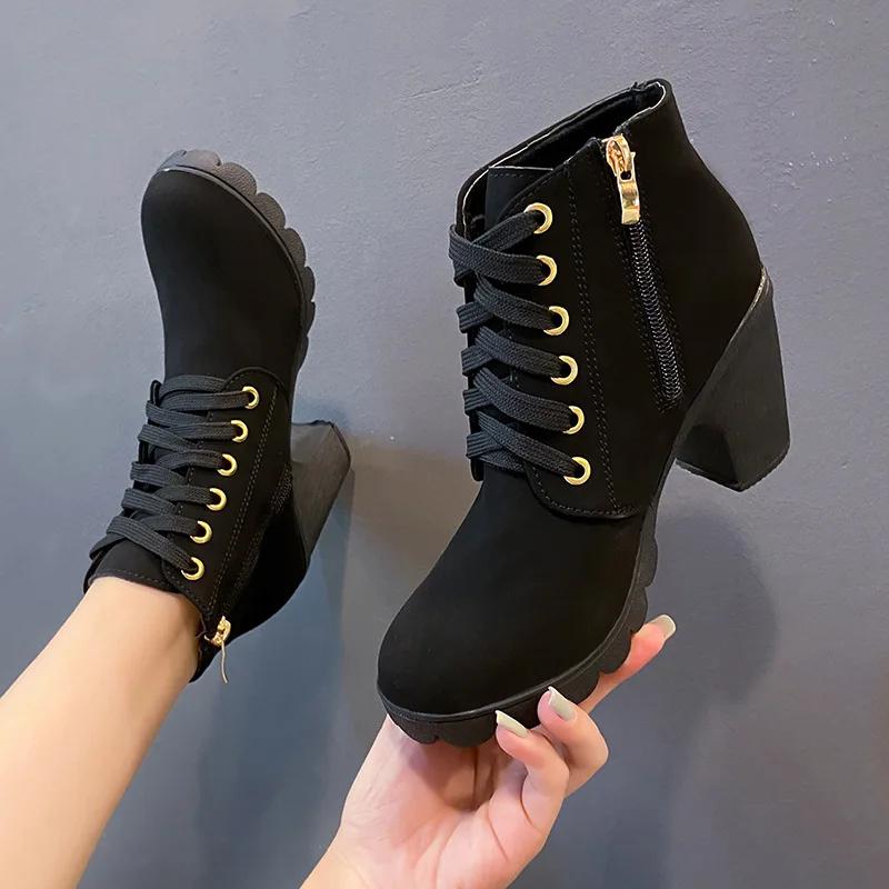 Fashion Women Boots Lace Up Ankle Boots Spring Fashion Outdoor Pumps Boots Black Buckle High Heel Boot Plus Size Platform Women Shoes