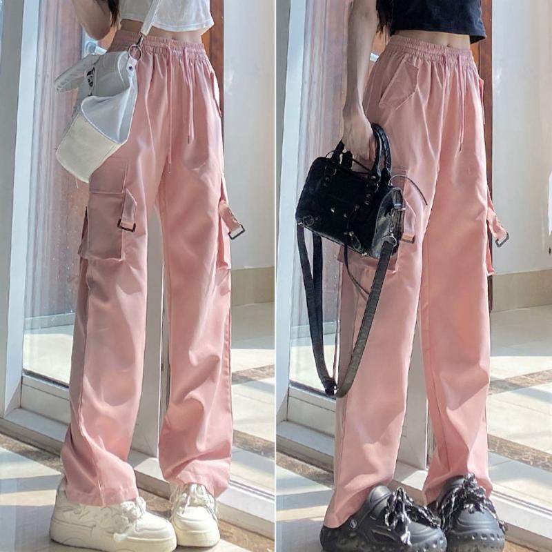 

Комбинезон женский летний новый с высокой талией утягивающий драпировка розовый с широкими штанинами повседневный ретро американский вариант спортивных брюк на шнурке