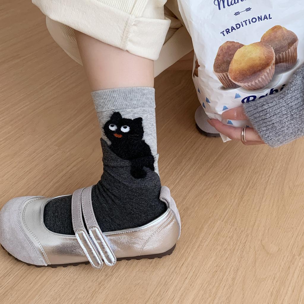 4 Pairs Cartoon Cute Cat Cotton Socks Women Girls Middle Tube Sleep Floor Socks