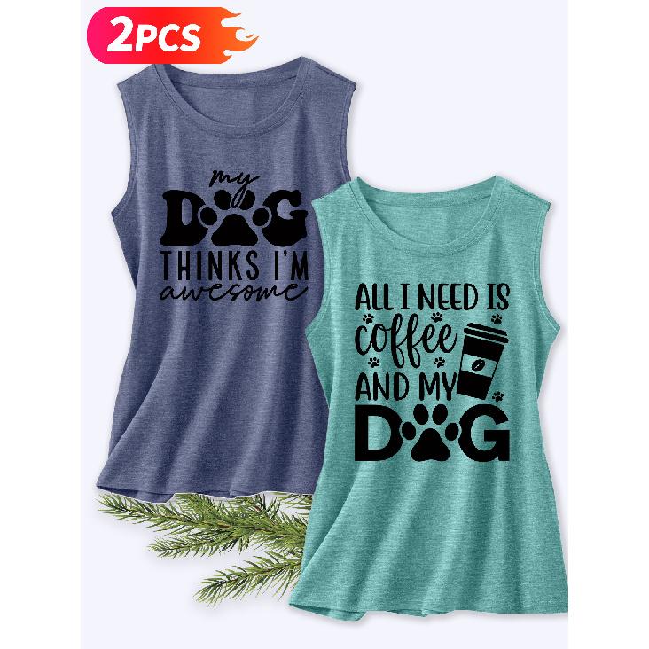 Follow a Specific Direction Two-piece Women's Sleeveless Vest with Vintage Print Summer Casual Wear Dog Coffee Fun Cute Essential Fashion Items for