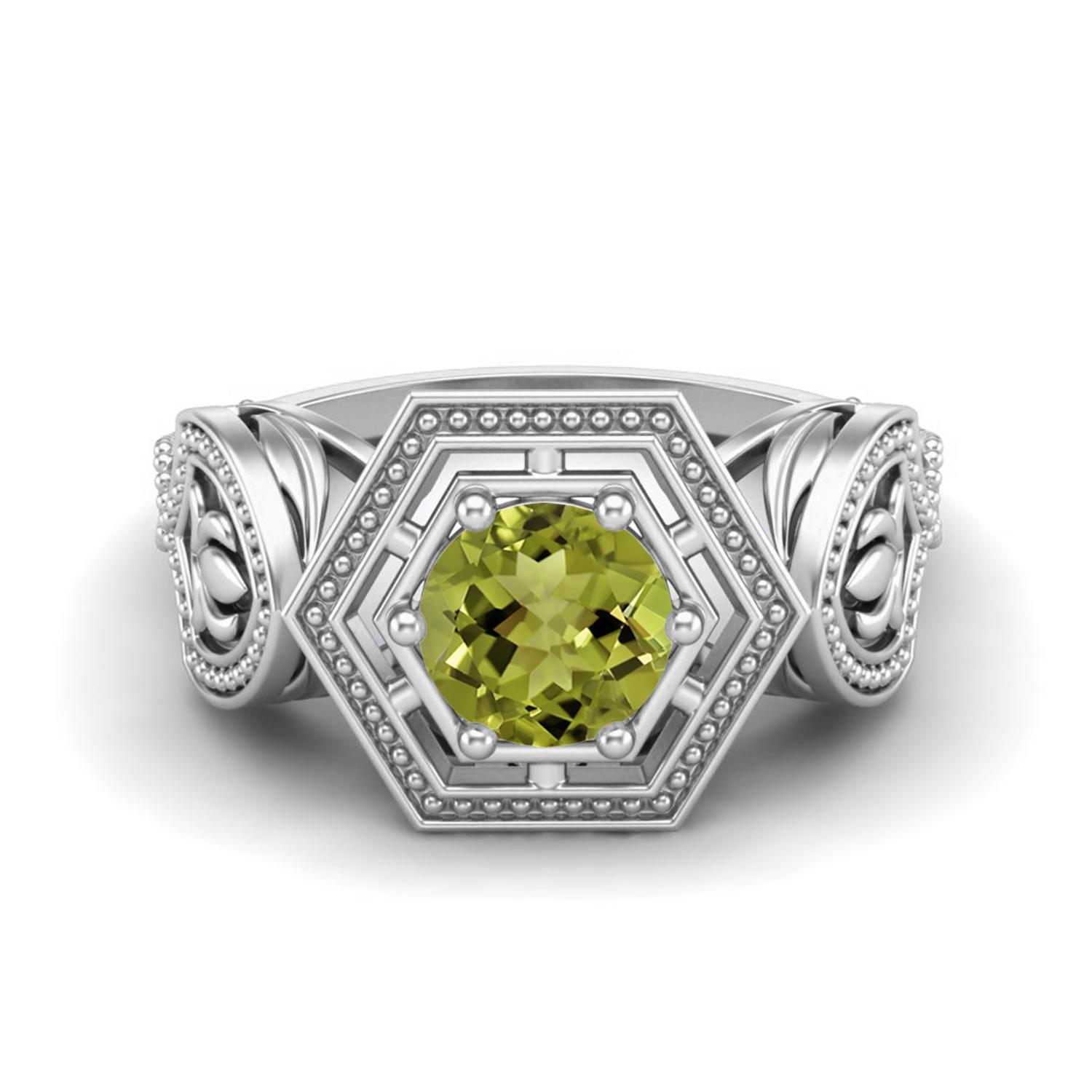 6MM Round Peridot 925 Sterling Silver Hexagon Shape Geometric Women Wedding Ring 12