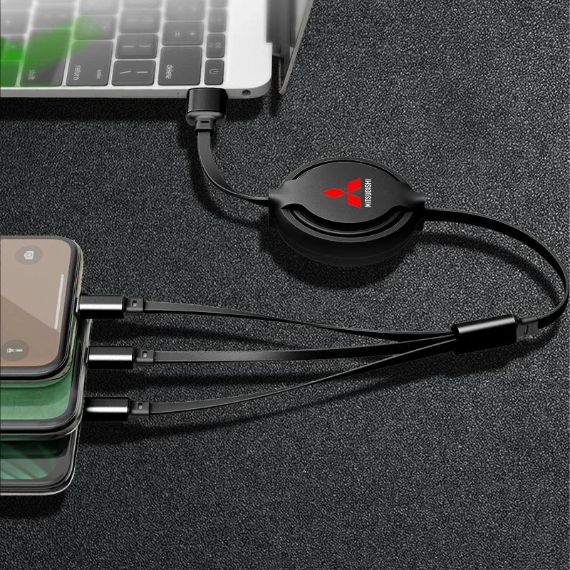 1Pcs 3 in 1 USB Car Charging Cable Retractable Charger Cable For Mitsubishi Lancer ASX Outlander Pajero Carisma L200 Galant EVO