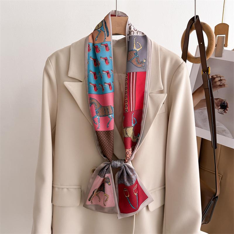 New temperament double-layer scarf streamer strap bag decoration suit scarf small long headband silk scarf women's printing narrow