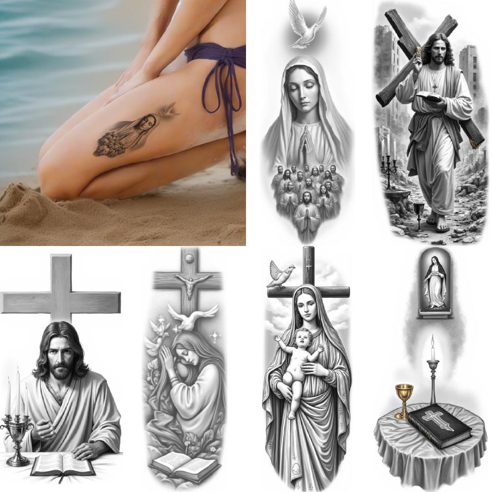 3pz Tatuaggi Temporanei Impermeabili Lunga Durata Adesivi per il Corpo Croce Colomba Calice Per Adulti Braccia Uomini