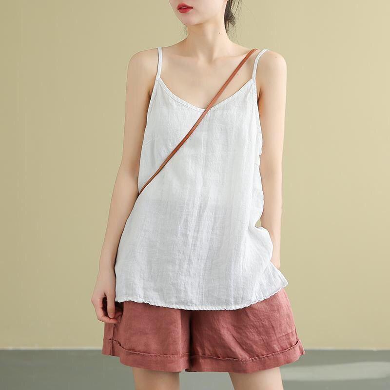Damen Sommer Top Baumwolle Leinen Spaghettiträger Top Frauen Neckholder V-Ausschnitt Basic Gelb Ärmellos Tank Tops Locker Lässig Camis