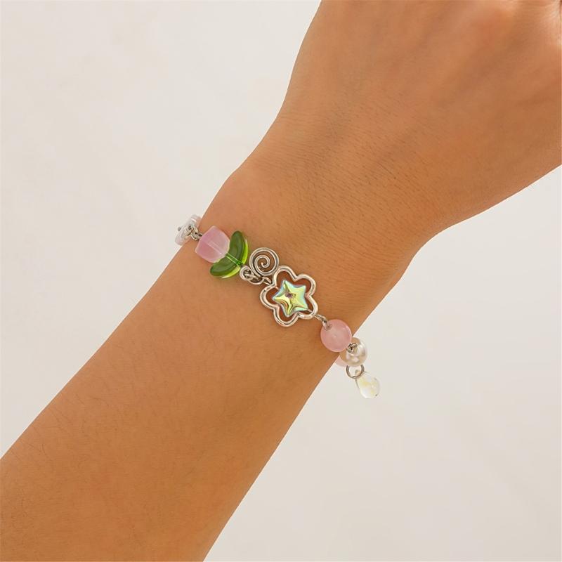 Fashionable Handmade Floral Tassels Bracelet Flower Beaded Handchain Adjustable Length Wristband Jewelry for Women