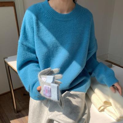 Lake Blue Women's Round Neck Pullover Sweater - Autumn/Winter, Loose Fit, Skin-Brightening, Thick Knit.