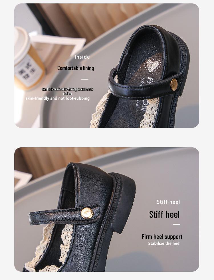 Girls' Classic Black Leather Princess Shoes - Soft Sole Lace Casual Flats for Spring & Autumn
