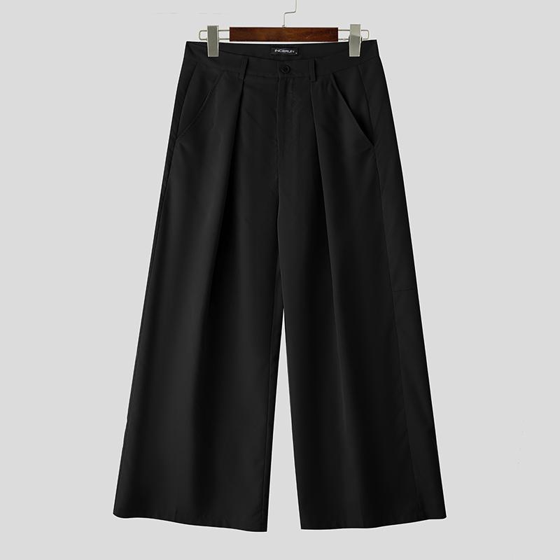 

INCERUN Men Zip-up High Waist Solid Color Pockets Casual Loose Long Trousers 5XL чёрный