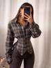 2026 Spring Plaid Lace-up Long-sleeve Shirt with Irregular Hem and Cinched Waist