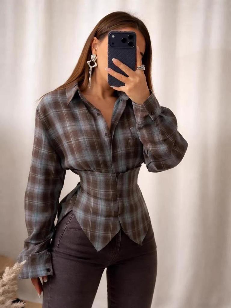 2026 Spring Plaid Lace-up Long-sleeve Shirt with Irregular Hem and Cinched Waist