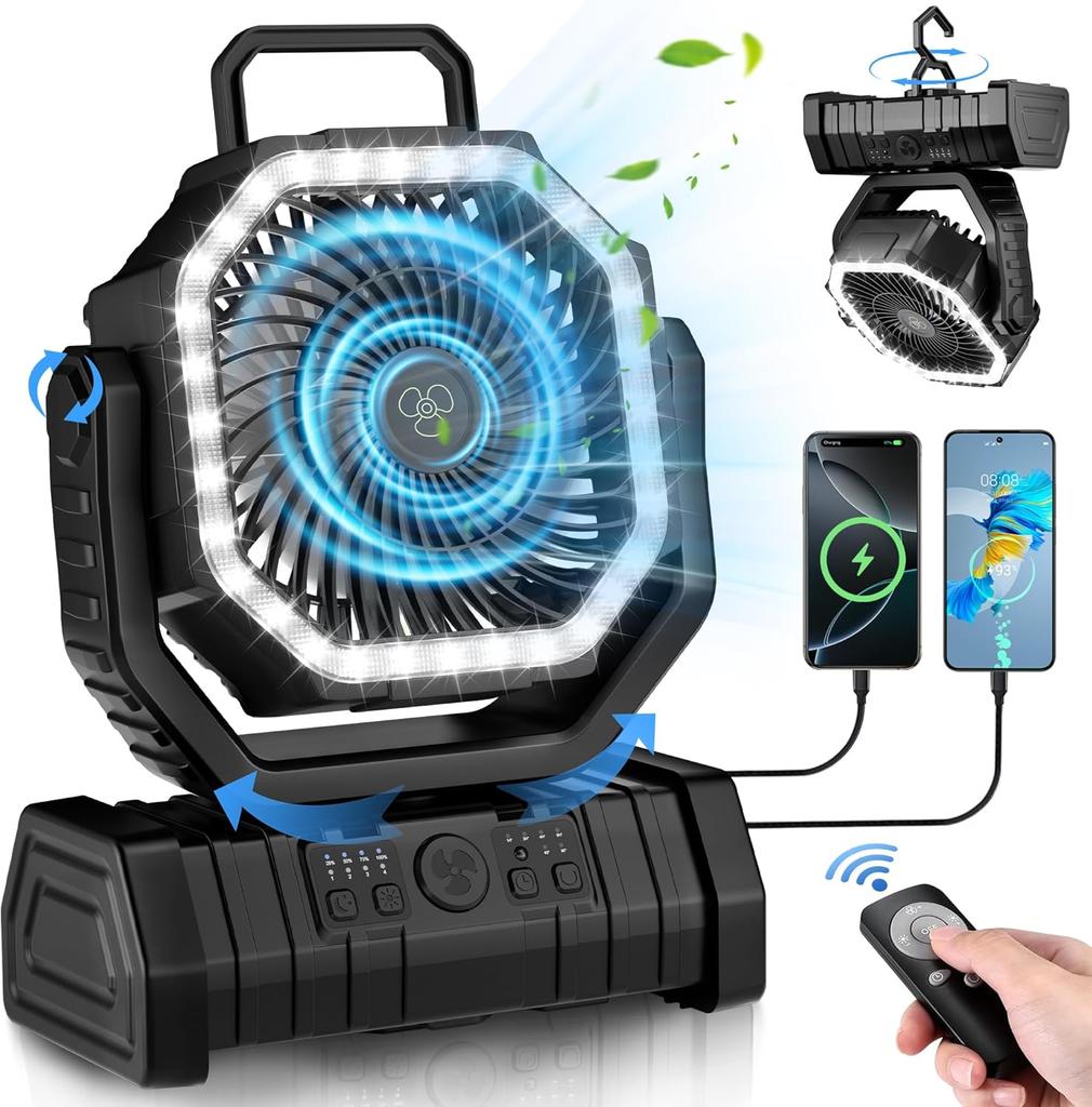 Portable Fan Rechargeable, 20000mAh Cordless Battery Powered Camping Fan with LED Light & Remote, 4 Speeds Wind, Timer, USB C