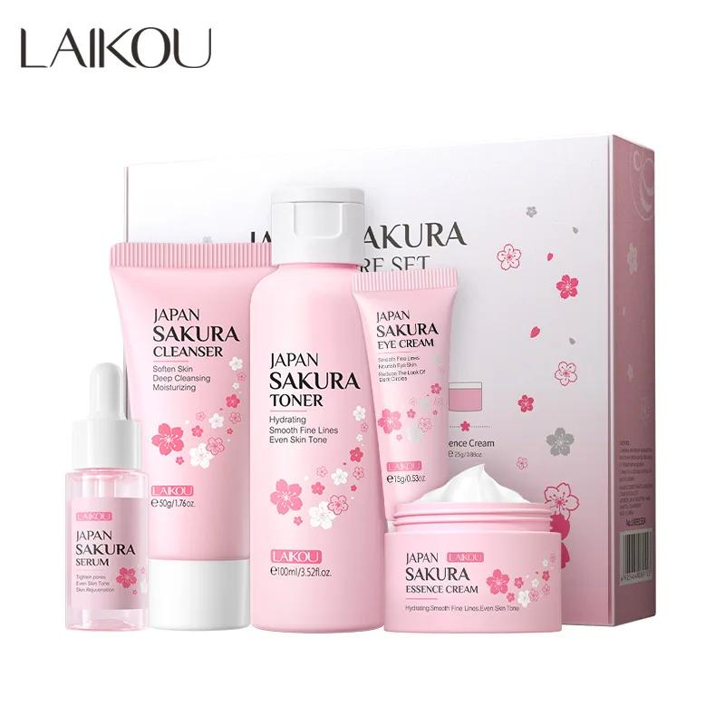 LAIKOU Sakura Kit Hautpflegesets Feuchtigkeitsspendend und Reduzierung feiner Linien Reinigung Poren Produkt 5-teiliges koreanisches Weihnachtsgeschenkset
