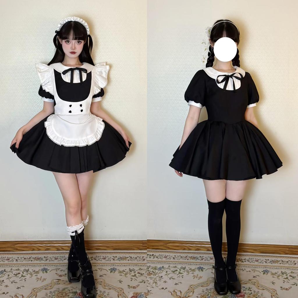 AOTYP Städklänningsset med Kort Ärm och Perfekt för Skolan och Fotografering Svart Dam 5-delat Krinolin, Klänning, Förkläde, Hårband. Jul,