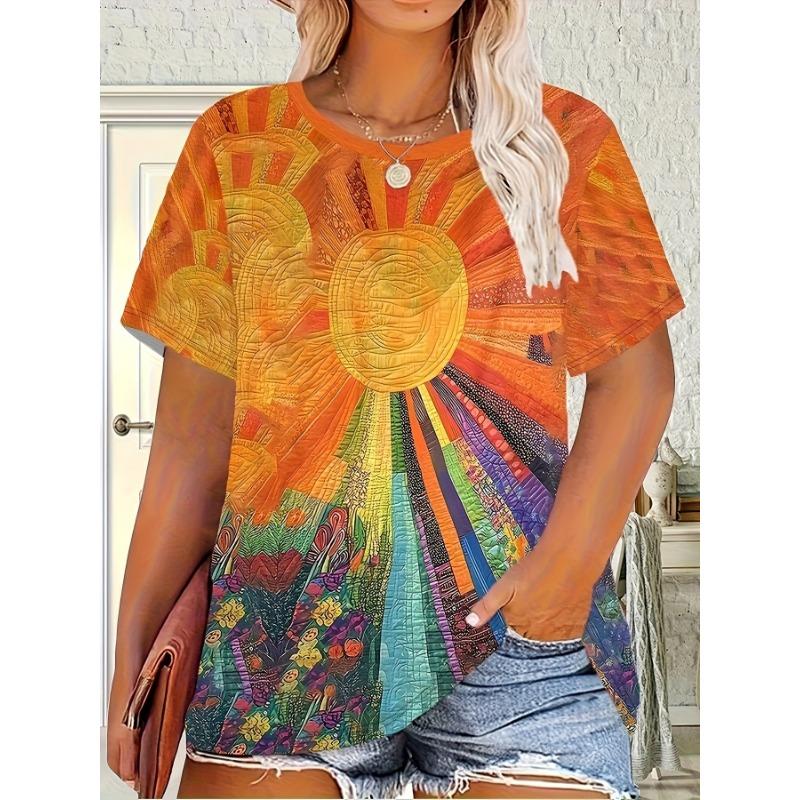 

Casual and elegant style, colorful painting, geometric splicing elements, 3D printing pattern, women s round neck plus size short sleeved T-shirt S