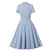 Damen Retro Swingkleider Kurzarm V-Ausschnitt Schleife Knopfleiste Gürtel Hepburn-Stil Kleid Hohe Taille Freizeitkleidung