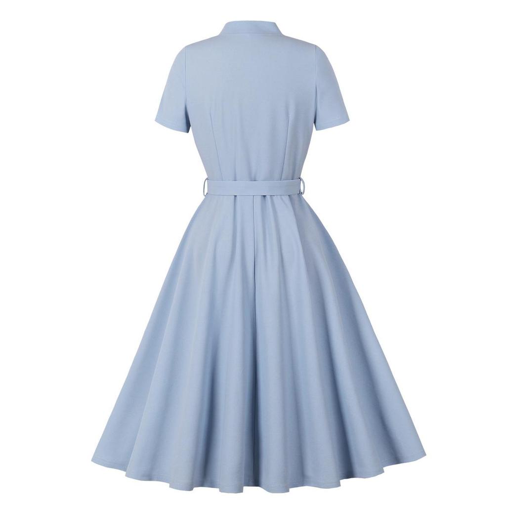 Damen Retro Swingkleider Kurzarm V-Ausschnitt Schleife Knopfleiste Gürtel Hepburn-Stil Kleid Hohe Taille Freizeitkleidung
