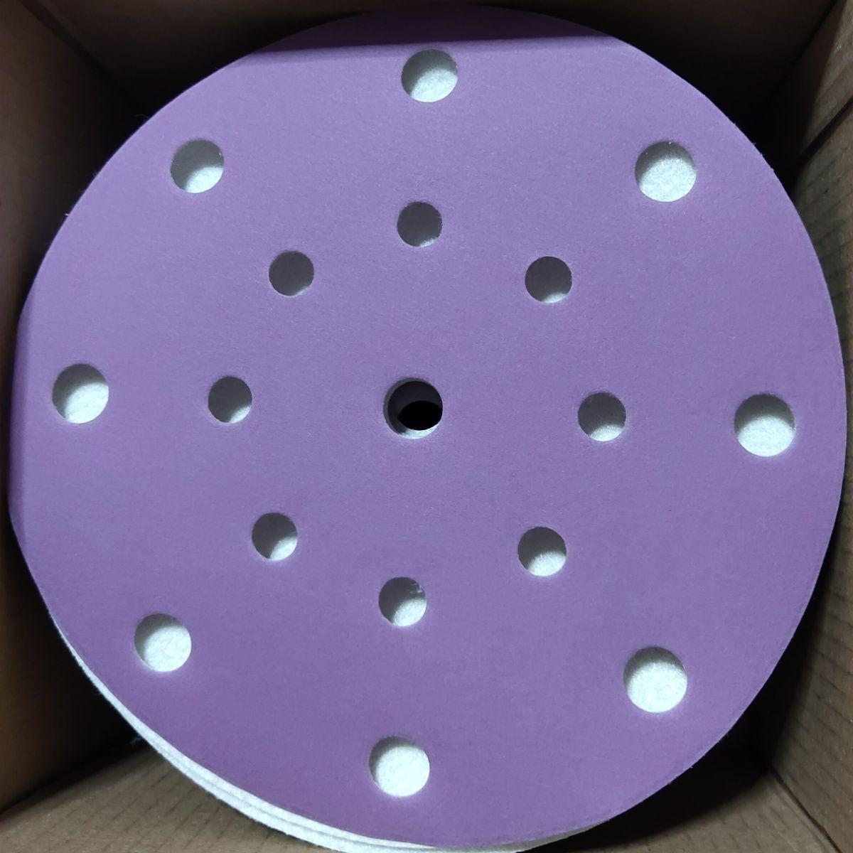 

6-дюймовый 17-отверстий фиолетовый флокированный самоклеящийся шлифовальный диск для полировки автомобильной краски и шпатлевки