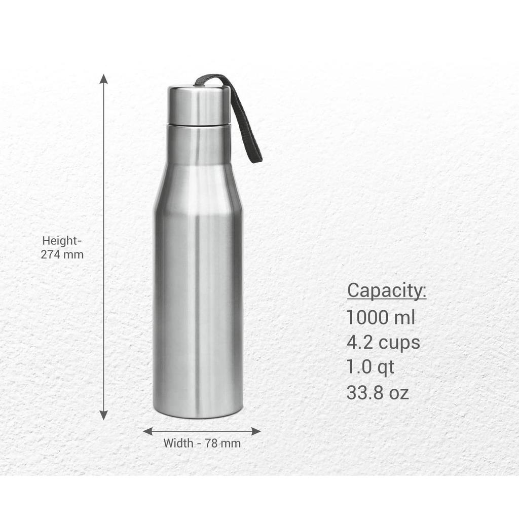 Super 1000 Stainless Steel Water Bottle 1000ml | Single Wall | Leak-Proof Lid, Rust-Free BPA-Free | For School, Office, Gym, Travel | Silver