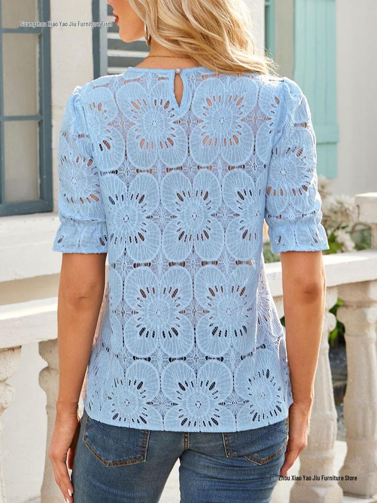 European American Women's Summer Lace Puff Sleeve Top TK2026