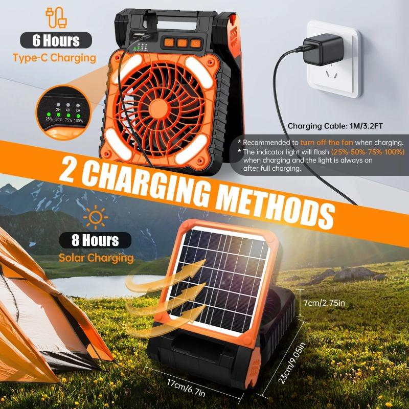 Solar Powered Fan for Camping Portable Rechargeable for Gazebo with LED Light & Timer 4 Speed Cordless Battery Powered for Outdoor Stay Cooling Orange