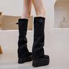 Women's 14cm Thick Sole Knee-High Boots - 2025 Autumn/Winter Irregular Pleated Solid Color