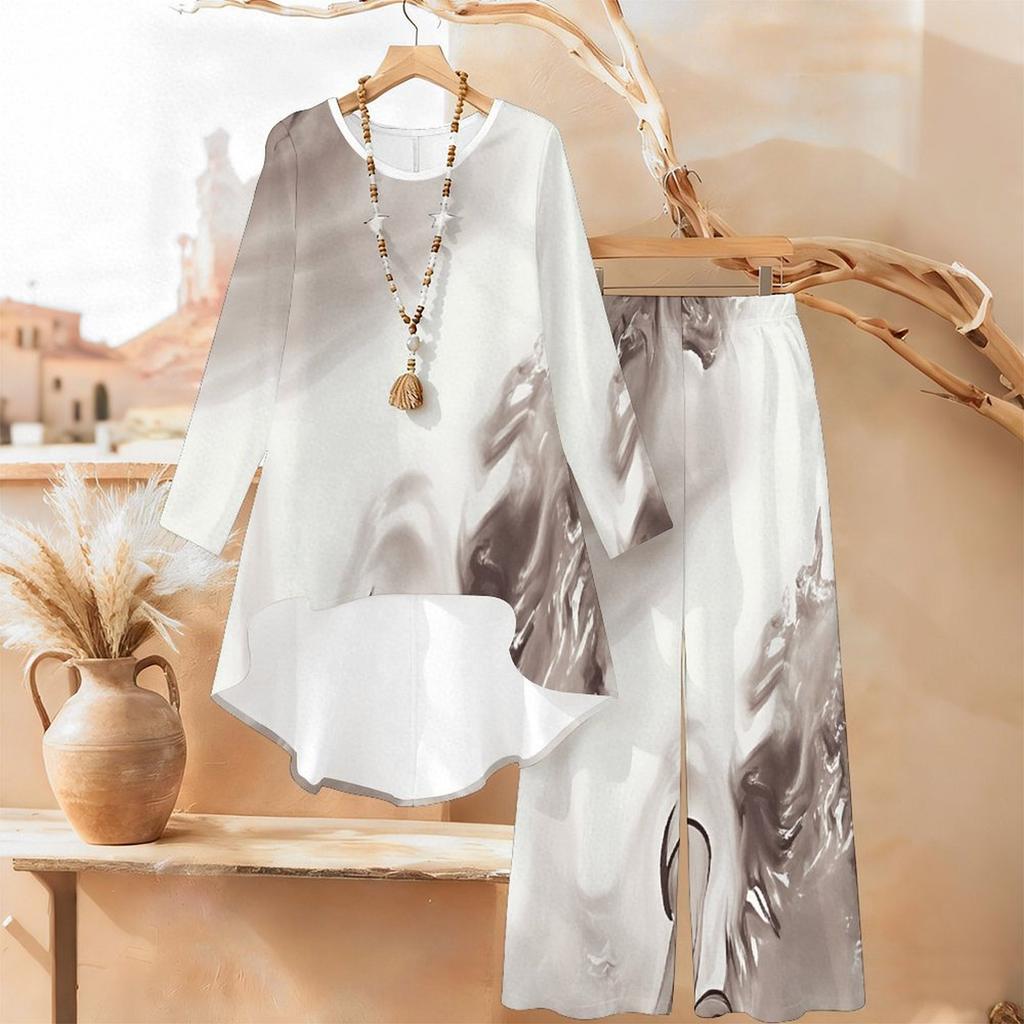 Marble Print Two Piece Outfit Women Long Sleeve Irregular Hem Tunic Top Wide Leg Pants Casual Matching Set