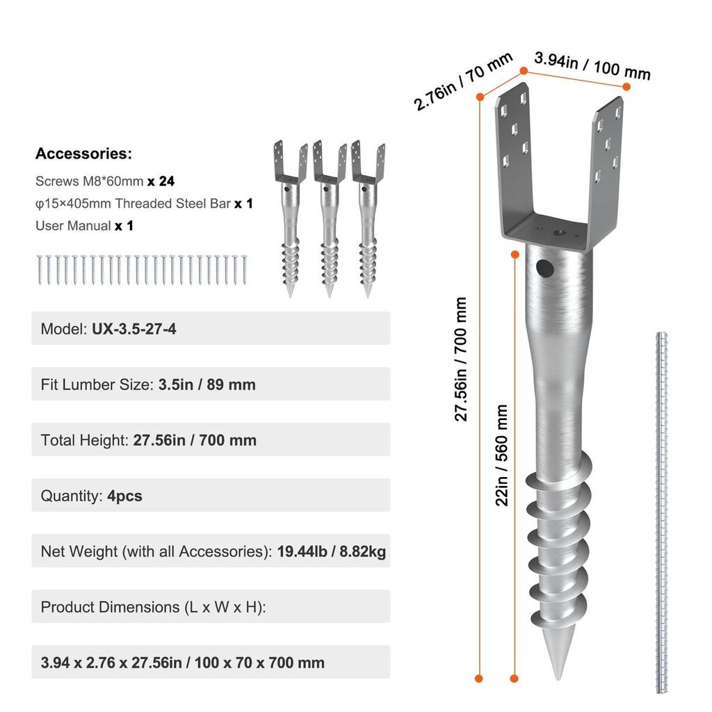 No Dig Ground Anchor, 4 Pack 3.94 X 2.76 X 27.56 In DIY Screw In Post Stake, Includes 6 Lag Bolts & a Rebar, U-Shape Heavy Duty Steel Post Holder,