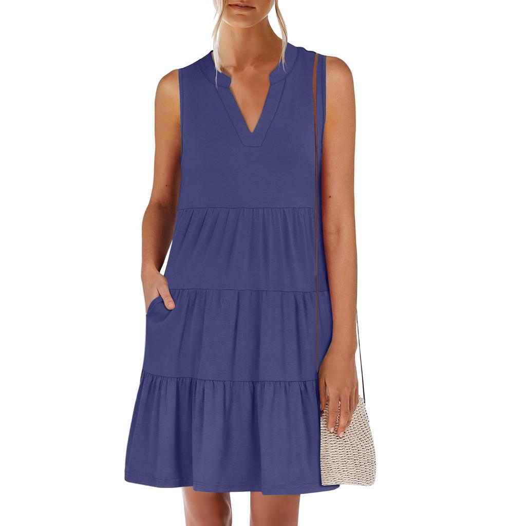 Women's Summer Fashion V-neck Sleeveless Patchwork Solid Color Casual Dresses