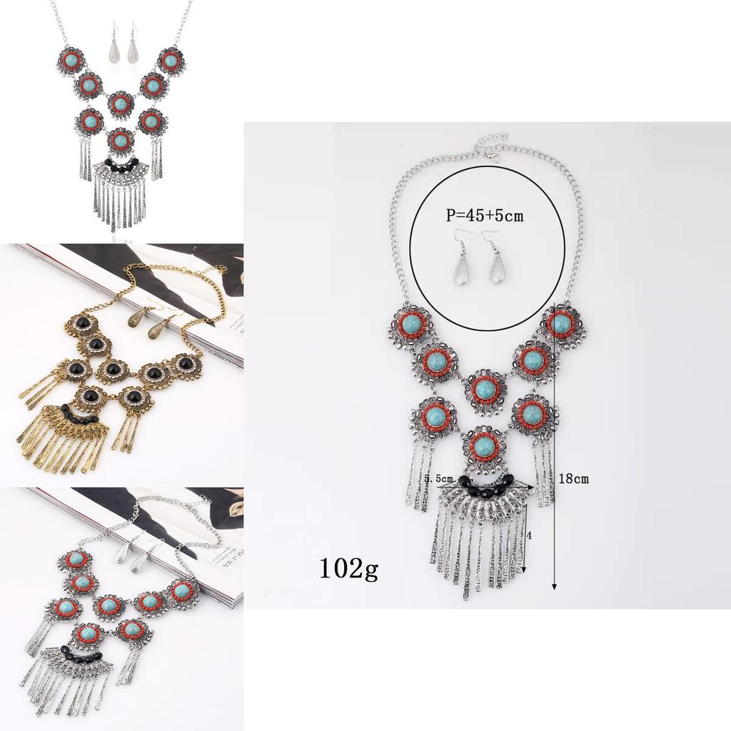 Ethnic Style Simulation Gemstone Decor Women Round Flower Necklace With Tassel For Boho Style Jewelry