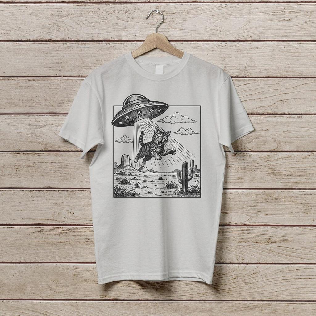 Vintage UFO Funny Cat Shirt, Retro UFO Cowboy Cat Abduction T-Shirt
