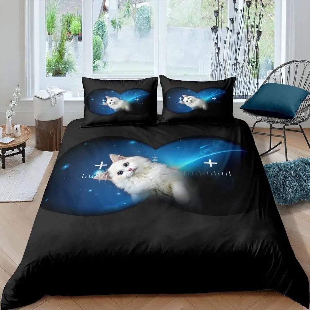 Galaxy Cat Duvet Cover Set Microfiber Universe Galaxy Bedding Set Cute Kitten Comforter Cover Outer Space Planets Quilt Cover