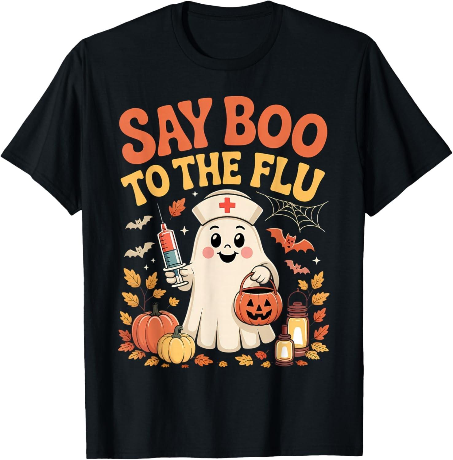 Funny Retro Nurse Ghost Halloween Vaccine Say Boo to The Flu unisex T-Shirt Mens Womens Tees Top M
