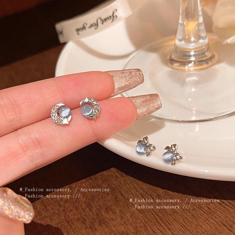 Blue Cat's Eye & Bow S925 Silver Needle Moon Star Earrings - Chic & Versatile Design for Women