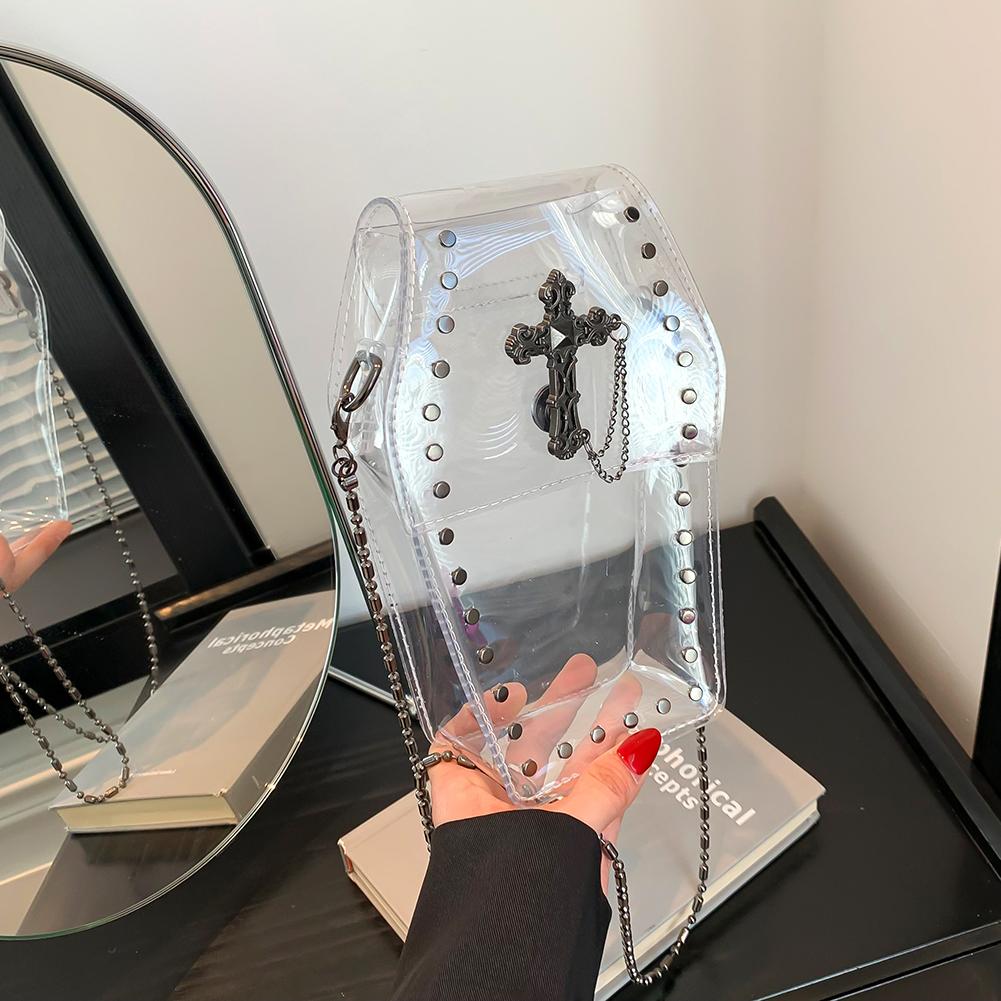 2025 Novelty Coffin Shape Purse Halloween PVC Clear Jelly Chain Crossbody Bag Stadium Approved Phone Bag Punk Retro Shoulder Bag
