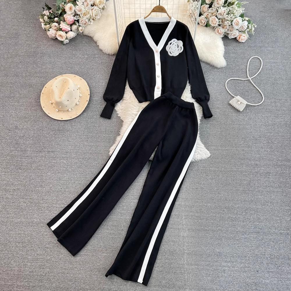 Set de modă: Cardigan tricotat cu mâneci lungi, culoare contrastantă, decolteu în V, set din două piese, talie înaltă, pantaloni cu picior drept, picior larg