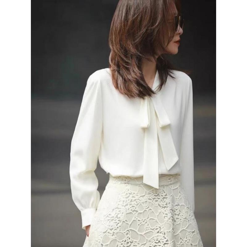 Autumn 2025 French Chic White Ribbon Bow Blouse for Women