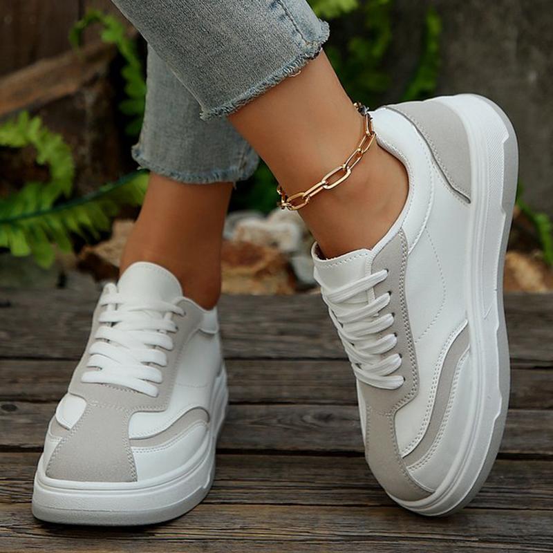 Fashion Pu Leather Sewing Sneakers Woman Spring Autumn Fashion Mixed Color Sports Shoes Women Platform Lace Up Vulcanize Shoes Female