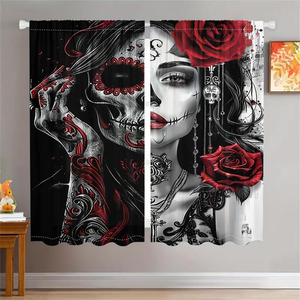 2Pcs Gothic Curtains Black Red Skull Rose Pattern Living Room Bedroom Sunshade Mysterious Dark Style Decor Curtains