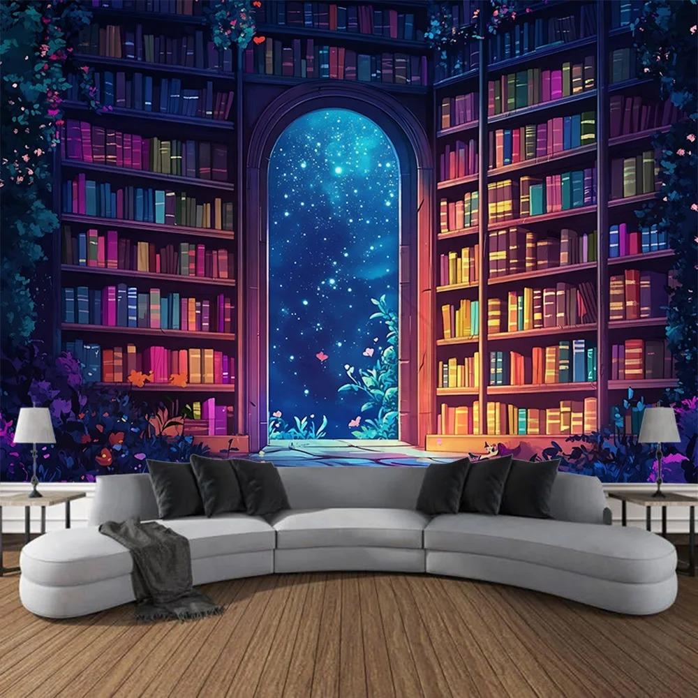 Retro Art Room Bedroom Decorative Wall Hanging Cloth Dream Library Tapestry Mysterious Tree Magic Bookshelf Aesthetic Tapestry 100X70CM