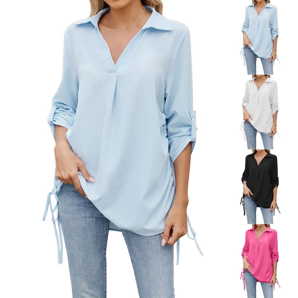 Women's Fashion Casual Solid Color Lapel Mid Sleeve Shirt Loose Top