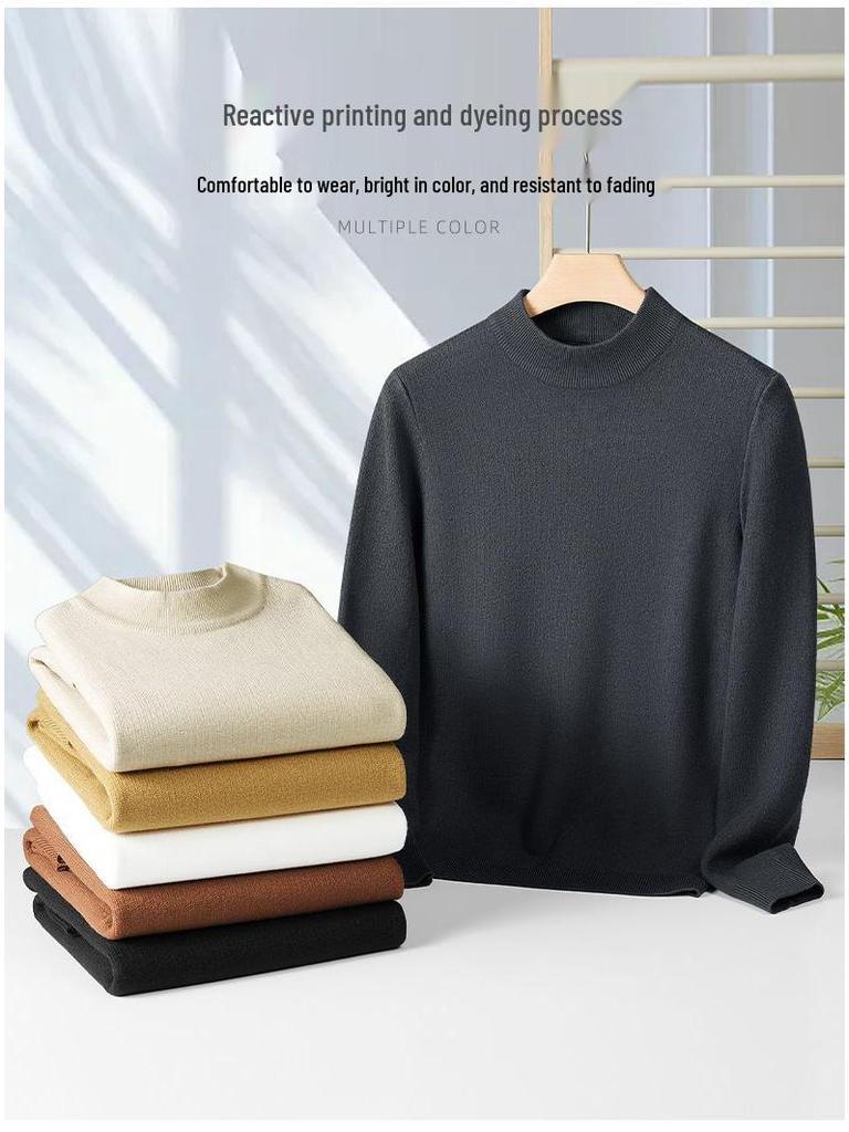 Men's Plus Velvet Half-High Collar Knit Sweater - Anti-Pilling Dobby Fleece, Solid Color for Autumn/Winter