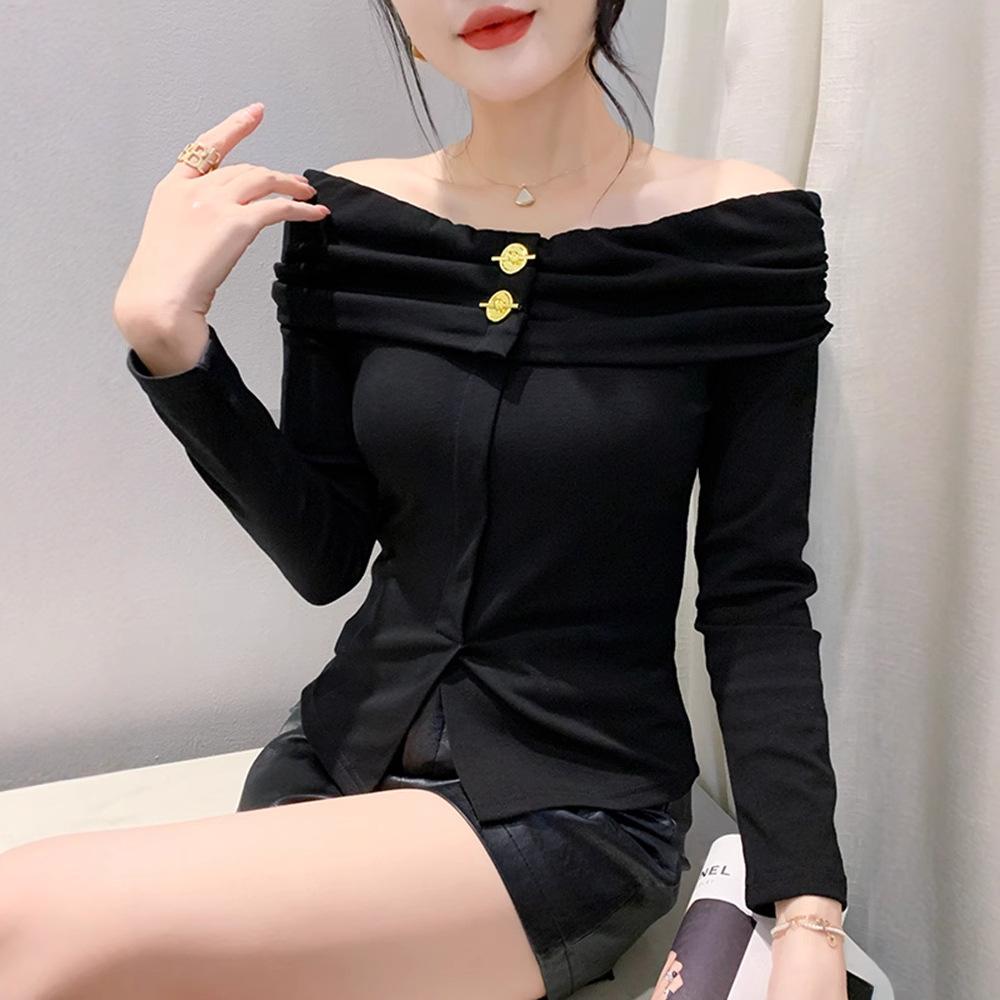 Kadın Kışlık Giyim için Seksi Tek Omuzlu Üst Yeni Çizgili Tişört Uzun Kollu Şık Slim Basic Gömlek