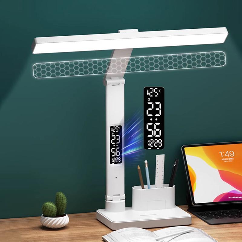 Lampa stołowa z zegarem LED USB z możliwością przyciemniania lampa biurkowa 2 głowice 180 obrót składana ochrona oczu lampka nocna do czytania