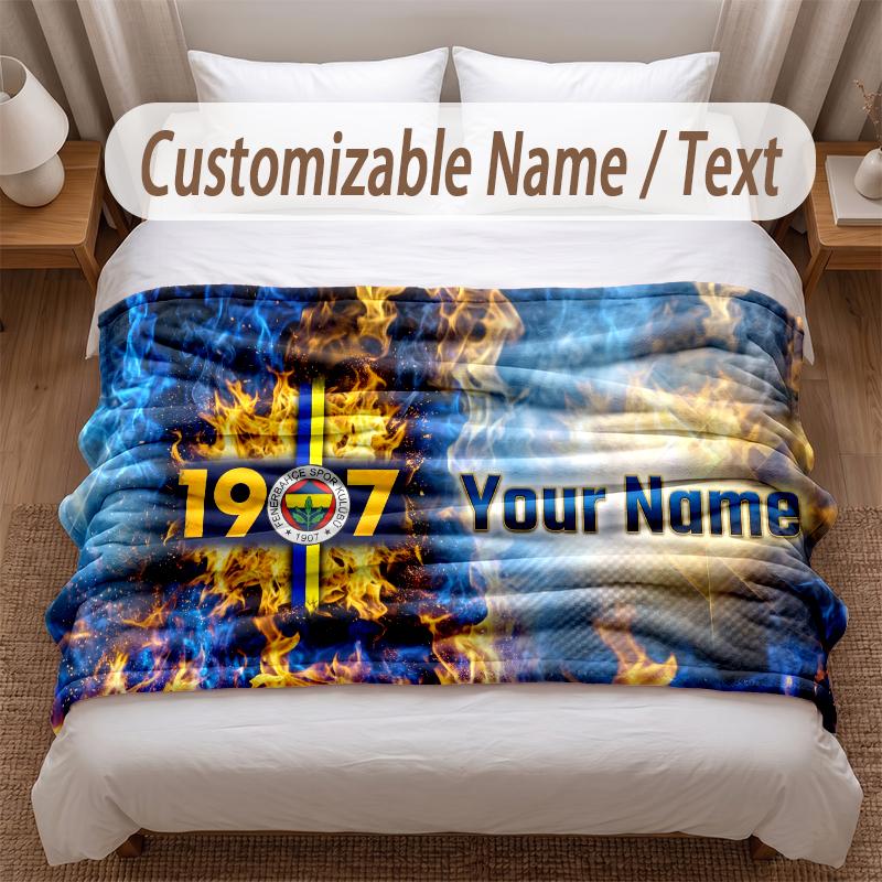 Fenerbahçe FC Printed Flannel Blanket Custom Name Text Soft Warm Throw For Bedroom Holiday Gift