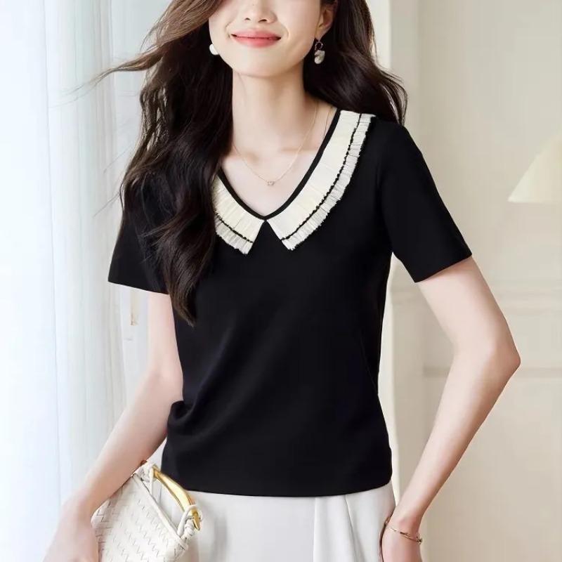 Women's Black Blouse Casual V-Neck Short-Sleeve Contrast Ruffle Trim Top